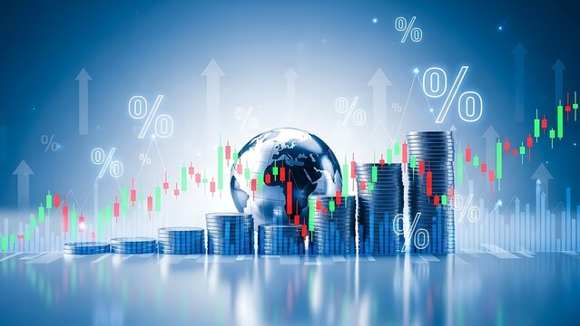 Futuristic cityscape with globe and financial charts - Powered by Adobe