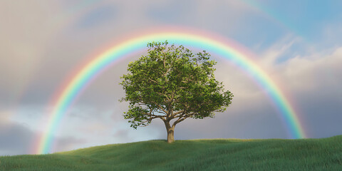 Majestic Lone Tree on a Green Hill Under a Bright Rainbow and Dramatic Sky for Nature Concepts