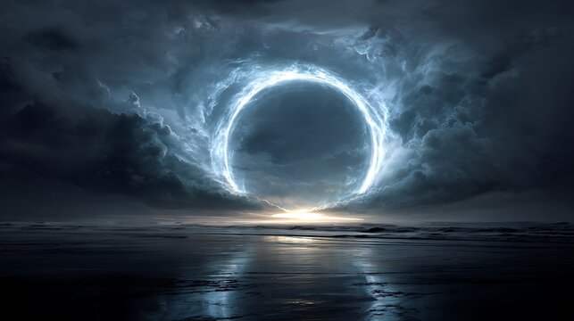 Surreal digital art of a glowing portal in a stormy sky reflected on a wet surface