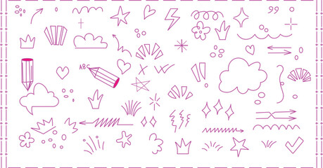 Collection of pink doodle sketch icons featuring stars hearts arrows bursts clouds and various decorative hand drawn elements.
