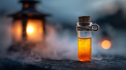 Close-up of a small glass vial with amber liquid and a blurred lantern in the background