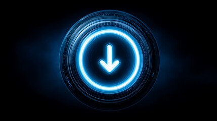 Glowing blue circular button with an arrow pointing downwards against a dark background