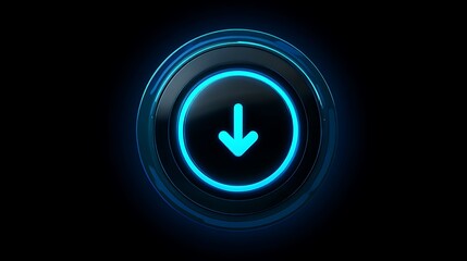 Illuminated button, glossy black with neon-blue edge and arrow icon. Dark background