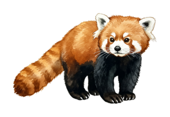 Cute red panda watercolor illustration of a wild animal standing and looking directly forward with its distinctive reddish-brown fur and bushy tail.