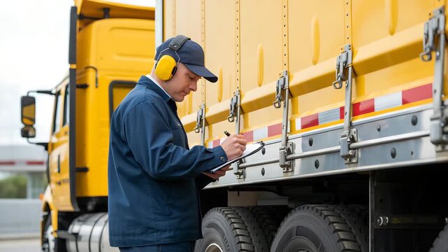 Man in blue uniform inspecting large yellow truck with clipboard. man hardworking inspection 4k video 