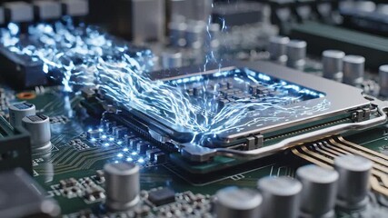 Powerful computer processor with glowing blue data streams illustrating advanced digital information flow and highspeed computing on a detailed circuit board representing artificial intelligence and . - Powered by Adobe