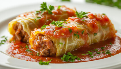 Two stuffed cabbage rolls with savory minced meat filling sit in a rich tomato sauce. A sprig of fresh parsley garnishes this hearty