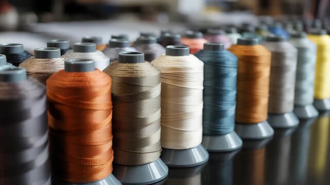 Vibrant spools of thread in various colors for sewing and crafting projects industry working video