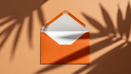 Orange envelope with white interior on a beige background with palm shadows