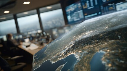 A global logistics control room monitoring real-time shipment routes across multiple continents, giant digital maps showing cargo delays, customs statuses, and weather disruptions. cinematic color
