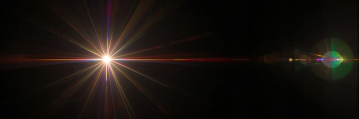 Thin horizontal light streak with small lens flare on dark background