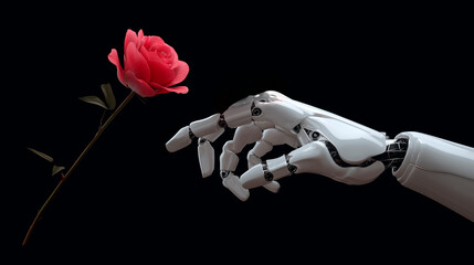 White robotic hand touching a delicate red rose on a black background, concept of harmony between technology and nature