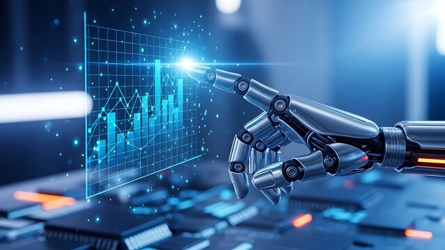 Robotic arm interacting with futuristic digital interface and circuit board - Powered by Adobe