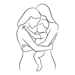 Mother hugging child in line art style in black and white