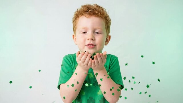 Child celebrates st. Patrick's day by blowing green confetti of shamrocks and stars from cupped hands while standing on soft mint studio background, static camera in slow motion