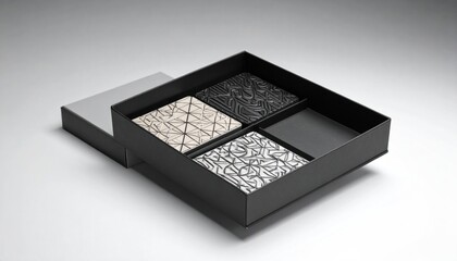 Set of Four Decorative Square Coasters in a Black Presentation Box.