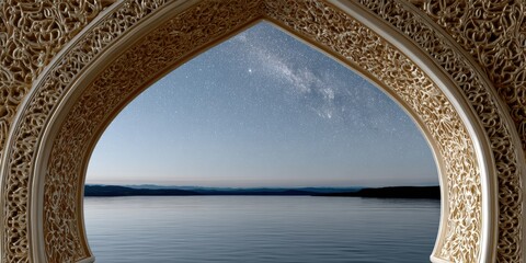 arabian nights inspiration, a lavish d arabian architectural postcard features a golden arch framing a celestial journey with a crescent moon and star it has elegant lighting and a transparent text