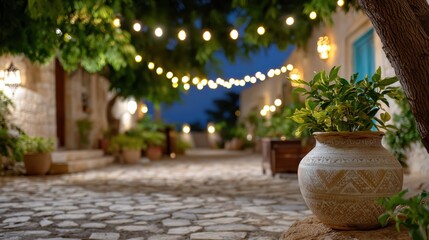 lailat al miraj decor, a serene outdoor scene adorned with fairy lights and lanterns for lailat al miraj, creating a tranquil and reflective ambiance