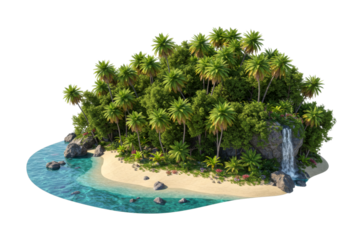 Beautiful tropical island paradise features a sandy beach, crystal-clear turquoise ocean water, lush palm trees, and a cascading waterfall.