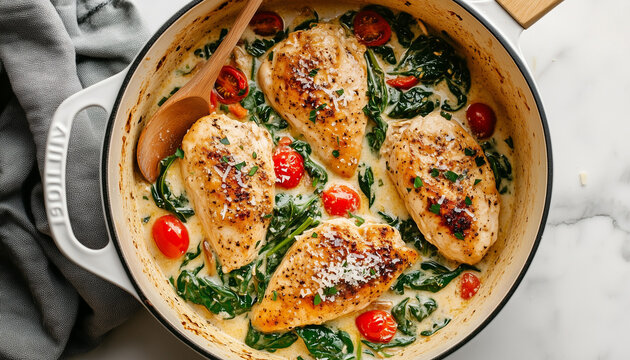 Creamy tuscan chicken meal close up. Chicken with spinach, cherry tomatoes and parmesan cheese in pan, served with wooden spoon