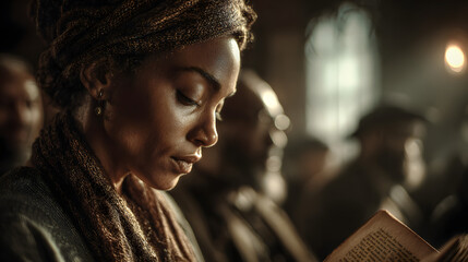 Black woman immersed in reading in library with friends during Black History Month: Black History Month