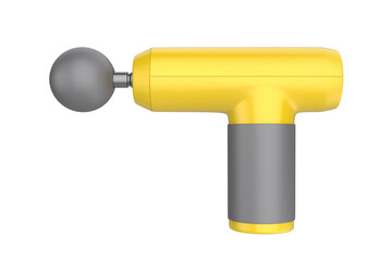 Side view of yellow massage gun on transparent background