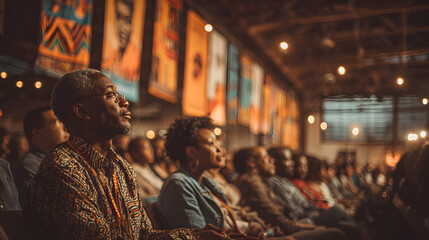 A diverse audience listening attentively to a speaker at an educational event during Black History Month, with banners and visuals celebrating Black culture.