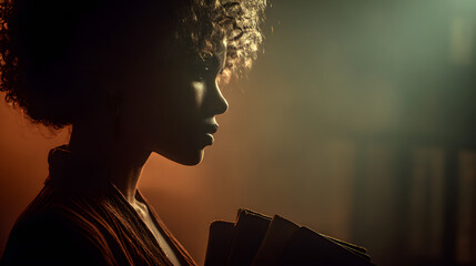 Black History Month celebrates heritage culture activism civil rights and diversity. Woman Silhouette With Books And Scales Of Justice Background