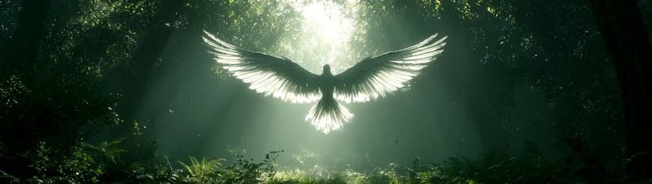 White bird with expansive, glowing wings, dramatically backlit by brilliant sunlight as it flies through a lush, dark forest canopy, highlighting the translucent feathers against the shadows and mist
