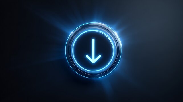 Glowing button with an arrow pointing downwards against a dark background, suggesting download