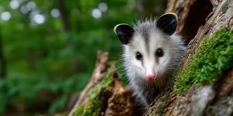 wildlife photography, a detailed close-up of a cautious opossum peering from behind a log in a dense, green kansas woodland, with blurred forest backdrop