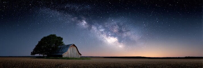 starry night sky, a stunning web banner featuring the vast kansas sky at night, filled with countless stars and the faint glow of the milky way a silhouetted barn or tree stands on the horizon
