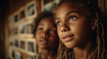 Focus on back view small two afro American girls with interest looking on pictures on the wall in gallery in Black history in community center on Black history month celebration