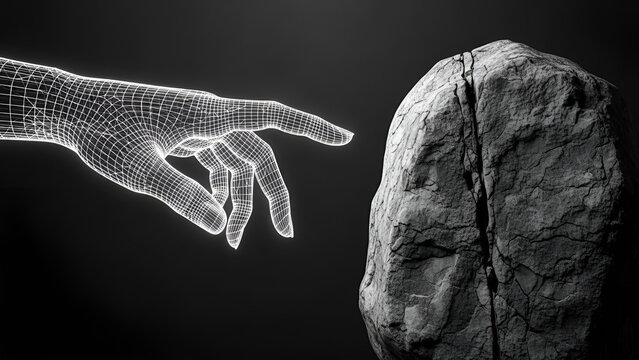 Abstract wireframe hand connecting with rough stone texture in darkness.