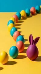 Naklejka premium Colorful Easter eggs arranged with bunny figures on yellow background 