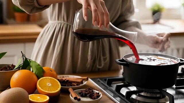 Woman pouring red wine into pot on stove with oranges and spice ingredients for making mulled wine at home