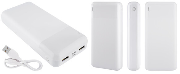 Thin and lightweight white external battery for everyday use. On a white background