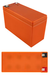 Sealed 12 V battery in a durable case with bright red contacts. On a white background