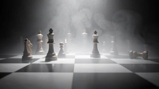 Chess pieces on board with smoke during game, showing strategic play and battle concept, dark background