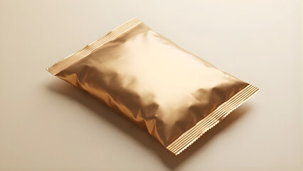 Blank Golden Metallic Foil Pouch Packaging Mockup Displayed on a Clean Neutral Background with Soft Lighting
