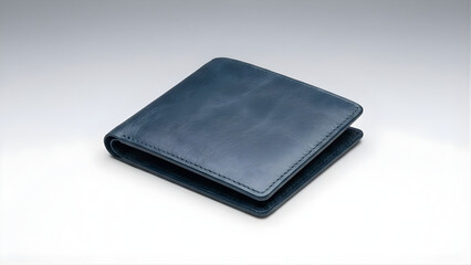Dark Blue Leather Bifold Wallet Neatly Displayed on a Clean White Studio Background, Highlighting its Texture and Minimalist Design