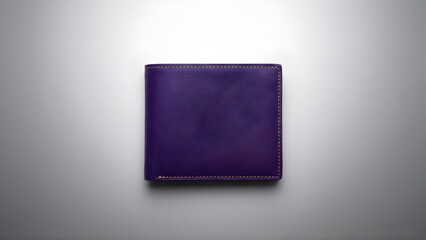 Top-down view of a vibrant purple bi-fold wallet crafted from textured leather, presented on a minimalist gradient background in a studio setting.