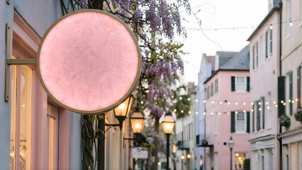 Empty Circular Sign Mockup on a Charming Street with Pastel Buildings, String Lights, and Blooming Wisteria at Dusk