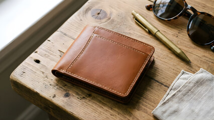 High Angle Still Life of a Brown Leather Wallet, Sunglasses, and Pen Resting on a Rustic Wooden Table