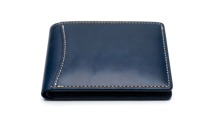 Sleek navy blue leather bifold wallet captured in a clean studio setting, isolated on a white background, highlighting its elegant design.