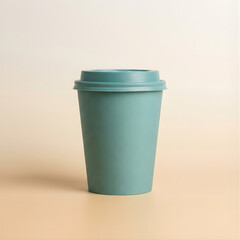 Green Reusable Beverage Cup with Lid on Simple Beige Background for Sustainable Lifestyle Choices