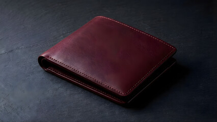 Elegant Burgundy Leather Bifold Wallet Displayed on a Dark Textured Surface with Subtle Lighting, Highlighting Craftsmanship