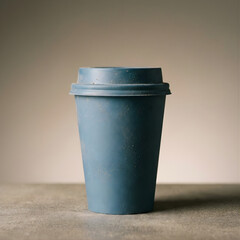 Modern Blue Reusable Beverage Cup with Lid on a Textured Wooden Table in a Clean Indoor Studio Environment, Front View