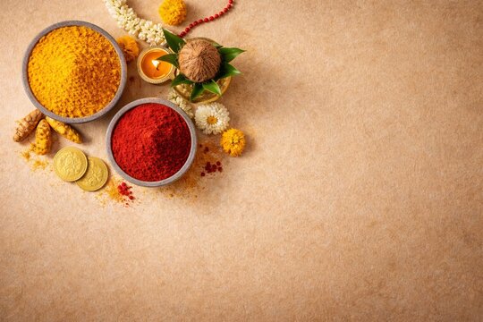 Flat lay of turmeric and kumkum with marigolds and coconut kalash on beige background, Akshaya Tritiya copy space