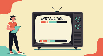 Naklejka premium Retro illustration of a woman watching an old television screen displaying an 'installing' progress bar, symbolizing updates or waiting.